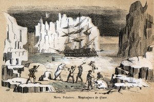 Descrição dos diferentes tipos de paisagens e relevos de acordo com a geografia: detalhe representando uma paisagem árctica com ursos polares, icebergs. Placa "Geografia Física" em "les Recreations instructives" Pintura sinóptica de Jules DELBRUCK, pt de French School