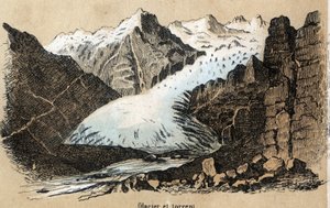 Descrição dos diferentes tipos de paisagens e relevos dependendo da geografia: detalhe representando um glaciar (ou mar de gelo) em uma cadeia de montanhas. Placa "Geografia Física" em "les Recreations instructives" Pintura sinóptica de Jules DELBRUCK, de French School