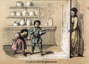 Descrição dos cinco sentidos: detalhe do gosto, duas crianças gananciosas presas pela mãe que esconde um pote com sabor amargo entre os outros potes de açúcar. Placa "Les cinq sens" em "les Recreations instructives" Pintura sinóptica de Jules Delbru de French School