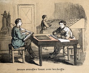 Descrição dos cinco sentidos: detalhe do tacto, os jovens cegos usam o tacto para decifrar textos através do alfabeto Braille, um sistema de escrita táctil. Placa "Les cinq sens" em "les Recreations instructives" Pintura sinóptica de Jules Delbruck, grav de French School