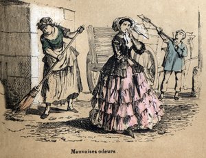 Descrição dos cinco sentidos: olfato, uma burguesa entupindo as narinas para não sentir o mau cheiro de esterco e esterco. Placa "Les cinq sens" em "les Recreations instructives" Pintura sinóptica de Jules Delbruck, gravada a partir de 1860. Particular de French School