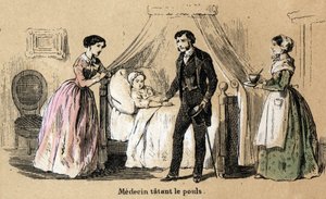 Descrição dos cinco sentidos: toque, um médico a tatuar o pulso de uma rapariga doente. Placa "Les cinq sens" em "les Recreations instructives" Pintura sinóptica de Jules Delbruck, gravada a partir de 1860. Coleção particular. de French School