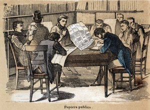 Descrição dos vários produtos e usos do papel: leitura de jornais públicos (jornais). Placa "Le papier et ses produits" em "les Recreations instructives" Pintura sinóptica de Jules Delbruck, gravada a partir de 1860. Coleção privada. de French School