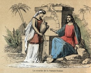 Descrição das várias etapas de fabricação e usos do barro: Jesus e Samaritano carregando um jarro de barro na Bíblia. Placa "O barro e seus produtos" em "Les Recreations instructives" Pintura sinóptica de Jules DELBRUCK, gravada a partir de 1860. Particula de French School