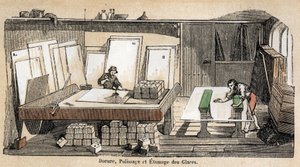 Descrição das diferentes fases de fabrico e utilização do vidro: oficina de douradura, polimento e estampagem do vidro. Placa "Vidro e seus produtos" em "Les Recreations instructives" Pintura sinóptica de Jules DELBRUCK, gravura a partir de 1860. Pri de French School
