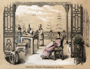 Descrição das várias fases de fabrico e utilizações da argila: um interior chinês com porcelana Pekin. Placa "A argila e seus produtos" em "Les Recreations instructives" Pintura sinóptica de Jules DELBRUCK, gravura a partir de 1860. Colecção privada de French School