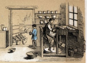 Descrição das várias fases de fabrico e utilizações da argila: um oleiro a trabalhar por sua vez. Placa "A argila e seus produtos" em "Les Recreations instructives" Pintura sinóptica de Jules DELBRUCK, gravura a partir de 1860. Colecção privada. de French School