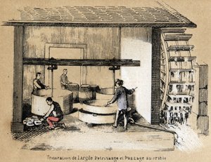 Descrição das várias fases de fabrico e utilizações da argila: trituração, descasque e crivagem da argila. Placa "A argila e seus produtos" em "Les Recreations instructives" Pintura sinóptica de Jules DELBRUCK, gravura a partir de 1860. Colecção privada de French School
