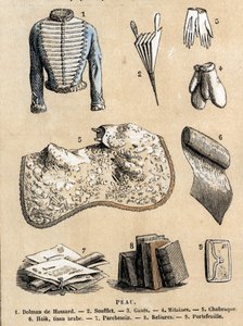 Descrição dos diversos usos e produtos de ovinos: trabalho em couro e representação de produtos de pele de carneiro, casaco de hussard, fole, luvas, amarrações e pergaminho, carteira e acessórios. Placa "Les moutons" em "les Recreations instructives". de French School