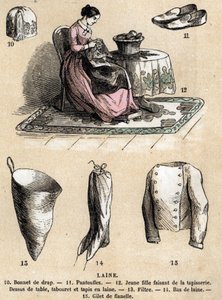 Descrição dos vários usos e produtos de ovinos: tapeçaria e produtos de lã, chapéu, chinelos, meias de lã, colete de flanela. Placa "Les moutons" em "les Recreations instructives" Pintura sinóptica de Jules DELBRUCK, gravura a partir de 1860. Particular de French School