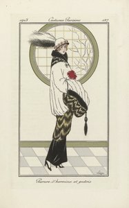 Desenho de um conjunto de arminho e gato-do-mato, de Costumes Parisien, pub.1913 (impressão em pochoir) de French School