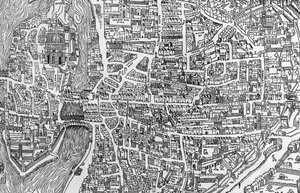 Detalhe de um mapa de Paris no reinado de Henri II mostrando o quartier des Ecoles, 1552