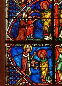 Detalhe de uma janela representando cenas da vida de St. Laurence de French School