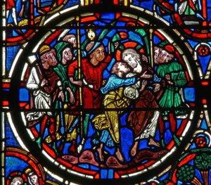 Detalhe de uma janela representando a paixão: Judas traição de French School
