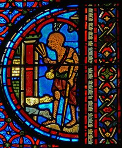 Detalhe de uma janela representando a parábola de Lázaro e Mergulhos de French School