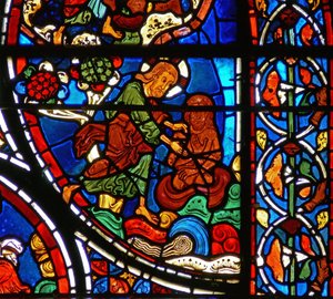Detalhe de uma janela representando a parábola do Bom Samaritano: Deus cria homem de barro de French School