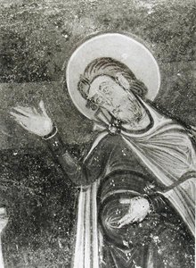 Detalhe de St. Savin, de um afresco retratando St. Savin e St. Cyprien sendo entregue das feras, c.1100 (fresco) (foto a p/b) de French School