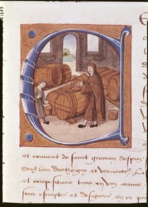 Detalhe de uma inicial histórica com a ilustração de um viticultor em atividade, do 