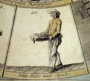 Detalhe do jogo do Ganso do Cree de Paris: comerciante de massas quentes. Gravura do século XVIII. Coll. Partida. de French School