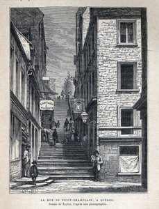 Descubra o Canadá: Rue du Peute Champlain (Petity-Champlain) em Quebec. Desenho por Taylor a partir de uma fotografia. Gravura do final do século XIX em "La nouvelle France" de Eugene Guenin. de French School