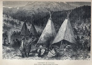 Descobrimos o Canadá: Acampamento dos índios americanos com teepees. Desenho de Riou a partir de um esboço de Dixon. Gravura do final do século XIX em "La nouvelle France" de Eugene Guenin. de French School