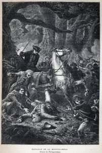 Descobrimos o Canadá: Batalha de Monongahela em 1755 durante a Guerra dos Sete Anos. Desenho de Philippoteaux. Gravura do final do século XIX em "La nouvelle France" de Eugene Guenin. de French School