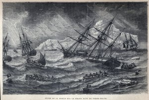 Descobrimos o Canadá: Pesca do bacalhau no Grand Bank of Newfoundland, Newfoundland. Gravura do final do século XIX em "La nouvelle France", de Eugene Guenin. de French School