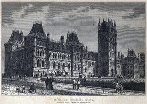 Descobrimos o Canadá: O Palácio do Parlamento em Ottawa. Desenho de Deroy a partir de uma fotografia. Gravura do final do século XIX em "La nouvelle France" de Eugene Guenin. de French School
