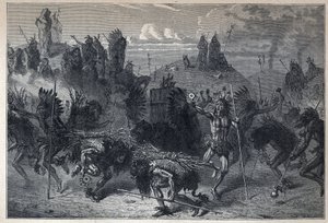 Descoberto o Canadá: a dança do bisonte no Mondanes. Gravura do final do século XIX em "La nouvelle France" de Eugene Guenin. de French School
