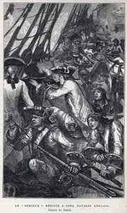 Descoberto do Canadá: Jacques Pierre de Taffanel de la Jonquiere (1685-1752) Oficial naval francês à frente do navio francês "Le serieux" resistiu a cinco navios ingleses. Desenho por Sahib. Gravura do final do século XIX em "La nouvelle Fra de French School