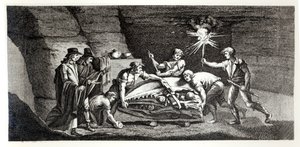 Descobrindo os ossos de um animal pré-histórico, ilustração da história natural da montanha de Saint-Pierre em Maastricht por Barthelemy Faujas de Saint Fond (1743-1819) 1799 de French School