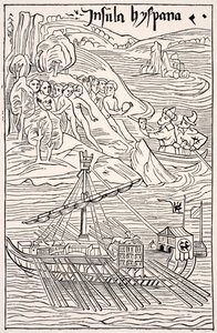 Descoberta de Santo Domingo, Insula Hyspana, de Cristóvão Colombo, fac-símile de uma gravura em madeira da Epistola Christoferi Colom, de Science and Literature in The Middle Ages, de Paul Lacroix pub. Londres, 1878 de French School