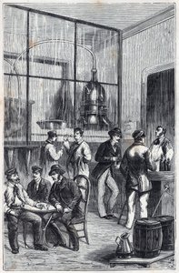 Loja de destilação em Paris no século XIX - Gravura em "Sciences made available to all - physics and chemistry" de Alexis Clerc - Fim do século XIX - Colecção privada de French School