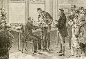 O Doutor Pasteur examina rapaz infectado com raiva. Século XIX (gravura) de French School