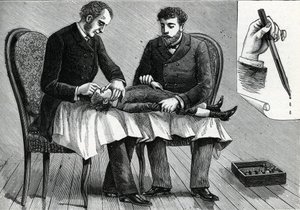 Médicos examinando os olhos de uma criança e injetando colírio (gravura) 1888 de French School