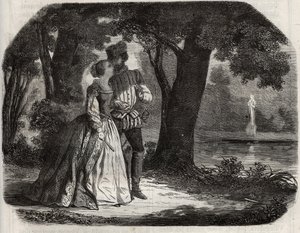 Don Juan discutiu com Ana da Áustria (1549-1580) sua possível união com o príncipe Don Carlos (1545-1568), filho do rei Felipe II da Espanha (1527-1598). Gravura de 1871 em "Histoire Des Cocus Celebres" de Henry de Kock (1819-1892). de French School
