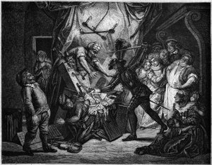 Dom Quixote luta contra os bonecos que ele pensa que são mouros. Gravura de V. Beauce após a pintura de Charles Antoine Coypel (1694 - 1752) ilustrando o romance de Cervantes (1547-1616). Em "Le Magasin pitoresco". de French School