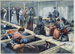 Dormitório de um asilo noturno em Londres, Inglaterra, considerado um refúgio para mulheres, no "Le Petit Parisien". de French School
