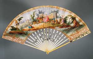 Ventilador de duas folhas pintado à mão com cena pastoral, marfim e costelas de prata de French School