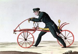 Draisienne, antepassado da bicicleta, inventou 1816 pelo Barão Karl von Drais (1785-1851), 1820 (gravura a cores) de French School