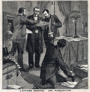 O caso Dreyfus: Três agentes à paisana e um comissário de polícia fazem uma busca na casa de Georges Picquart (1854-1914). Em "Le Peute Parisien" em 5/12/1897. Coleção Particular de French School