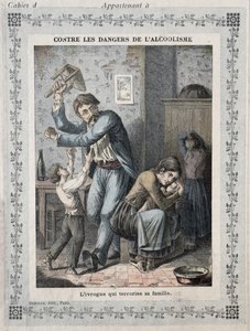 Bêbado aterrorizando sua família, capa de um caderno escolar. c.1900 de French School
