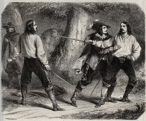 O duelo tem a espada entre o Visconde de Cahuzac e o Marquês de Gesvres, cuja rainha da França Ana da Áustria está apaixonada, no bosque de Vincennes. Século XVII. Gravura de 1871 em "Histoire Des Cocuses Celebres" de Henry de Kock (1819-1892). de French School