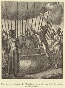 Dupont de Chambont perfura a bola de Blanchard com a sua espada (gravura) de French School