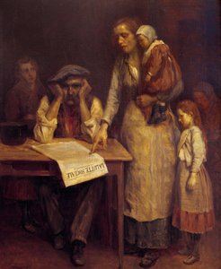 Durante a greve Uma família de trabalhadores, a mãe contou ao pai um artigo no jornal "La lutte sociale" Pintura anónima de French School