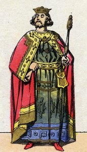 Dinastia dos Capetianos: Retrato de Luís VI o Gros (1081-1137), Rei dos Francos de 1108 a 1137. Imagem epinal do final do século XIX. Coleção particular. de French School