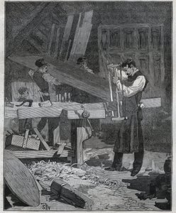 Ebenisterie: trabalhador ebenista que divide um conselho no estabelecido. Gravura de 1885 em "Les arts et metiers illustres" de Adolphe BITARD. de French School