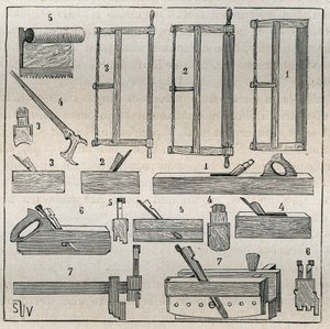 Ebenisterie: ferramentas habituais, serras e aplainamento. Gravura de 1885 em "Les arts et metiers illustres" de Adolphe BITARD. de French School