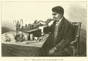Edison falando em seu fonógrafo (gravura) de French School