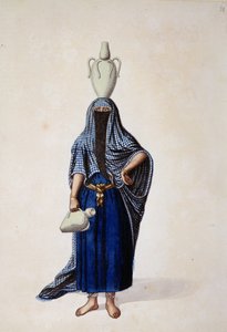 Mulher egípcia carregando um pote de água Ibrik, provavelmente por Cousinery, período Otomano, terceiro quartel do século XVIII (wc no papel)